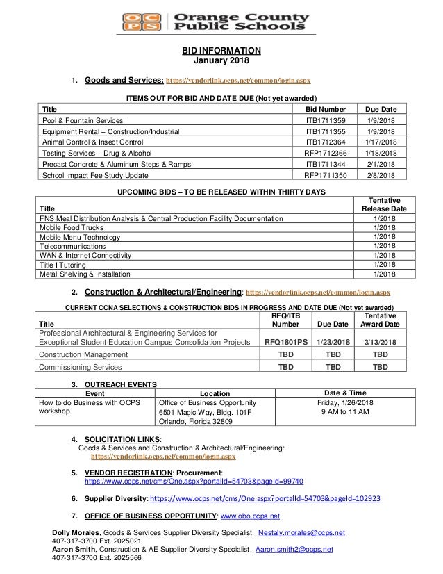 Vendor Registration Procurement Bid Information January