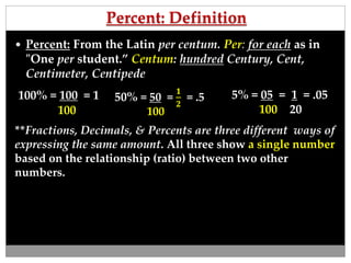  Percent: From the Latin per centum. Per: for each as in
"One per student.” Centum: hundred Century, Cent,
Centimeter, Centipede
Percent: Definition
100% = 100 = 1
100
**Fractions, Decimals, & Percents are three different ways of
expressing the same amount. All three show a single number
based on the relationship (ratio) between two other
numbers.
50% = 50 =
𝟏
𝟐
= .5
100
5% = 05 = 1 = .05
100 20
 
