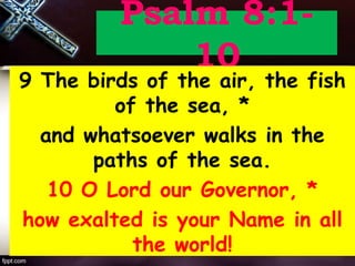 Psalm 8:1-
10
9 The birds of the air, the fish
of the sea, *
and whatsoever walks in the
paths of the sea.
10 O Lord our Governor, *
how exalted is your Name in all
the world!
 