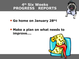 4 th  Six Weeks PROGRESS  REPORTS Go home on January 28 th ! Make a plan on what needs to improve…. 