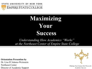 Understanding How Academics “Works”  at the Northeast Center of Empire State College Maximizing  Your  Success Helping You Connect the Pieces for Academic Success Orientation Presention by Dr. Lisa D’Adamo-Weinstein Northeast Center Director of Academic Support 