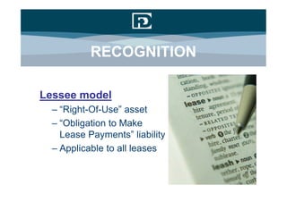 RECOGNITION

Lessee model
  – “Right-Of-Use” asset
  – “Obligation to Make
    Lease Payments” liability
  – Applicable to all leases
 