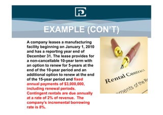 EXAMPLE (CON’T)
A company leases a manufacturing
facility beginning on January 1, 2010
and has a reporting year end of
December 31. The lease provides for
a non-cancellable 10-year term with
an option to renew for 5-years at the
end of the 10-year period and an
additional option to renew at the end
of the 15-year period and fixed
annual payments of $3,000,000,
including renewal periods.
Contingent rentals are due annually
at a rate of 2% of revenue. The
company’s incremental borrowing
rate is 8%.
 