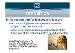 TRANSITION
Initial recognition for lessees and lessors
  – All outstanding lease arrangements would be
    subject to the new standard
  – Apply simplified retrospective approach as of the
    beginning of the first comparative period presented


  •Date of initial application is the
  beginning of the first comparative
  period presented in the first financial
  statements in which the entity applies
  this guidance.
 
