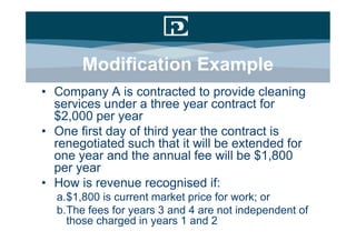 Modification Example
• Company A is contracted to provide cleaning
  services under a three year contract for
  $2,000 per year
• One first day of third year the contract is
  renegotiated such that it will be extended for
  one year and the annual fee will be $1,800
  per year
• How is revenue recognised if:
  a.$1,800 is current market price for work; or
  b.The fees for years 3 and 4 are not independent of
    those charged in years 1 and 2
 