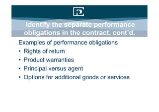 Identify the separate performance
  obligations in the contract, cont’d.
Examples of performance obligations
• Rights of return
• Product warranties
• Principal versus agent
• Options for additional goods or services
 