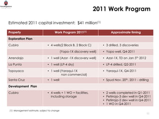 2011 Work Program

Estimated 2011 capital investment: $41 million(1)

Property                              Work Program 2011(1)                     Approximate timing

Exploration Plan

Cubiro                          • 4 wells(2 Block B, 2 Block C)         • 3 drilled, 3 discoveries

                                             (Yopo-1X discovery well)   • Yopo well, Q4-2011

Arrendajo                       • 1 well (Azor -1X discovery well)      • Azor-1X, TD on Jan 5th 2012

La Punta                        • 1 well (LP-4 dry)                     • LP-4 drilled, Q2-2011

Topoyaco                        • 1 well (Yaraqui-1X      .        .    • Yaraqui-1X, Q4-2011
                                  .       non commercial)
Santa Cruz                      • 1 well                                • Spud Nov. 20th, 2011 - drilling

Development Plan

Cubiro                          • 4 wells + 1 WO + facilities,          •   2 wells completed in Q1-2011
                                  including storage                     •   Petirrojo-3 dev well in Q4-2011
                                                                        •   Petirrojo-2 dev well in Q4-2011
                                                                        •   1 WO in Q4-2011

(1) Management estimate, subject to change
                                                                                                        11
 