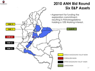 2010 ANH Bid Round
                  Six E&P Assets
         • Agreement for funding the
           exploration commitment,
           resulting in PetroMagdalena
           holding a 10% Working Interest.
VMM 35


VMM 11                      LLA 41




COR 33


VSM 12


VSM 13


                      MIDDLE MAGDALENA VALLEY BASIN

                      CORDILLERA BASIN

                      UPPER MAGDALENA VALLEY BASIN

                      LLANOS BASIN
                                                     31
 