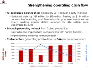 Strengthening operating cash flow
       • Re-capitalized balance sheet in February 2011 through equity financing
              • Reduced debt by $31 million to $10 million, freeing up $1.0 million
               per month of operating cash flow to fund capital investments in core
               assets; working capital deficit reduced by $44 million since
               December 31, 2010
       • Enhancing operating netback from Cubiro production
              • New oil marketing contract in conjunction with Pacific Rubiales
              • Implementing initiatives to reduce opex
       • Cost reductions generating positive trend in G&A per barrel produced
               $60.00                                                                                           $35.00




                                                                                                                         G &A per barrel
               $50.00                                                                                           $30.00
Netback per




                                                                                                                $25.00
               $40.00
                                                                                                                $20.00
   barrel




               $30.00
                                                                                                                $15.00
               $20.00
                                                                                                                $10.00
               $10.00                                                                                           $5.00

                  $-                                                                                            $-
                        Q2 - 2010   Q3 - 2010       Q4 - 2010         Q1 - 2011          Q2- 2011   Q3 - 2011
                                            Operating Netback per barrel          G&A per barrel
                                                                                                                                9
 