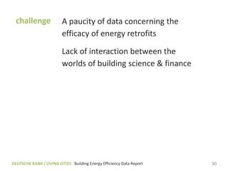 challenge              A paucity of data concerning the
                         efficacy of energy retrofits

                         Lack of interaction between the
                         worlds of building science & finance




DEUTSCHE BANK / LIVING CITIES Building Energy Efficiency Data Report   30
 