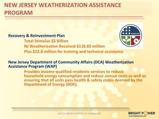 NEW JERSEY WEATHERIZATION ASSISTANCE
PROGRAM


 Recovery & Reinvestment Plan
         Total Stimulus $5 Billion
         NJ Weatherization Received $118.82 million
         Plus $22.8 million for training and technical assistance

 New Jersey Department of Community Affairs (DCA) Weatherization
 Assistance Program (WAP)
         Provides income qualified residents services to reduce
         household energy consumption and reduce annual costs as well as
         ensuring that all units pass health & safety codes deemed by the
         Department of Energy (DOE).




                            GO TO INSERT>FOOTER TO CHANGE ME
 