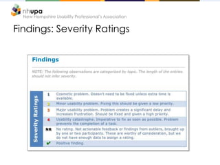 New Hampshire Usability Professional’s Association
Findings: Severity Ratings
 