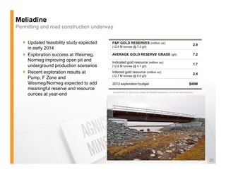 Meliadine
Permitting and road construction underway


     Updated feasibility study expected   P&P GOLD RESERVES (million oz)
                                                                                                                             2.9
                                          (12.5 M tonnes @ 7.2 g/t)
     in early 2014
     Exploration success at Wesmeg
                             Wesmeg,      AVERAGE GOLD RESERVE GRADE (g/t)                                                   7.2
                                                                                                                             72
     Normeg improving open pit and        Indicated gold resource (million oz)
                                                                                                                             1.7
     underground production scenarios     (12.6 M tonnes @ 4.1 g/t)

     Recent exploration results at        Inferred gold resource (million oz)
                                                                                                                             2.4
                                          (12.7
                                          (12 7 M tonnes @ 6 0 g/t)
                                                           6.0
     Pump, F Zone and
     P         Z       d
     Wesmeg/Normeg expected to add        2012 exploration budget                                                        $40M
     meaningful reserve and resource
                                          See AEM Feb 15, 2012 press release for detailed breakdown of reserves and resources.
     ounces at year-end




                                                                                                                                   20
 