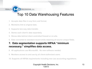 Top 10 Data Warehousing Features
1. Accepts data files in any form and format.

2. Maintains link to original data.

3. Su...