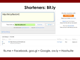 Shorteners: Bit.ly




fb.me = Facebook, goo.gl = Google, ow.ly = Hootsuite
 