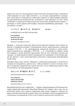 34 www.ershik.com
щиеся или почти не пользующиеся этими платными возможностями, называются
«лайт-юзерами» (от англ. light «лёгкий»), а те, кто ими злоупоребляет и вклады-
вает много денег в возможность побыстрее перейти на новый уровень благода-
ря дополнительным возможностям, называются «хэви-юзерами» (от англ. heavy
«тяжёлый»), а в русском интернете для них используют презрительный термин —
донаторы. С точки зрения лайт-юзеров, покупные прибамбасы донатеров — это
как допинг в спорте.
ツンデレだ　俺にはデレを　見せぬだけ　　　松永智文
синдэрэда орэ ни ва дэрэ о мисэну даке
она цундэрэ!
просто у нас пока
не дошло до дэрэ
(Мацунага Томофуми, 8 место)
Цундэрэ — японское слово для обозначения архетипа героини игр и анимэ, ха-
рактер и поведение которой в повседневной жизни характеризуется термином
«цунцун» (つんつん — яп. «равнодушный, замкнутый, колкий»), а затем неожи-
данно изменяется на «дэрэдэрэ» (でれでれ — яп. «томящийся от любви»), когда
она наедине с неким мужским персонажем. Или же она, появляясь вначале как
«цунцун», по мере развития сюжета превращается в «дэрэдэрэ». В настоящее вре-
мя это явление стало частью феномена влечения к персонажам (моэ-феномен)
среди отаку.
Молодые люди-отаку нечасто общаются с реальными девушками, а встретив ту,
которая им понравилась, вместо того, чтобы ухаживать за ней и пытаться нала-
дить отношения, предпочитают просто мечтать, что их избранница просто пока
не показывает им свою дэрэдэрэ-сторону.
おかしいな 来年魔法が 使えそう　　　さくらんぼ男子
окасиина райнэн махо га цукаэсо
как странно…
через год уже буду
творить чудеса
(Вишнёвый Мальчик-29, 9 место)
Вишнёвый мальчик или «черри бой» — термин, применяющийся в Японии для мо-
лодых людей-девственников. Вишнёвый Мальчик-29 говорит нам о том, что ли-
рическому герою этого сэнрю в следующем году стукнет тридцать. Согласно по-
верью, распространённому в среде отаку, если молодой человек воздержится от
сексуальных отношений до 30 лет, у него появятся магические способности.
 