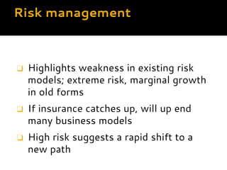 Risk management
❑ Highlights weakness in existing risk
models; extreme risk, marginal growth in
old forms
❑ If insurance c...