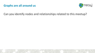 Graphs are all around us
Can you identify nodes and relationships related to this meetup?
 