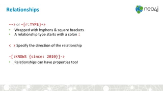 --> or -[r:TYPE]->
• Wrapped with hyphens & square brackets
• A relationship type starts with a colon :
< > Specify the direction of the relationship
-[:KNOWS {since: 2010}]->
• Relationships can have properties too!
Relationships
 