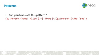 • Can you translate this pattern?
(p1:Person {name:'Alice'})-[:KNOWS]->(p2:Person {name:'Bob')
Patterns
 