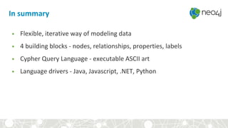 In summary
• Flexible, iterative way of modeling data
• 4 building blocks - nodes, relationships, properties, labels
• Cypher Query Language - executable ASCII art
• Language drivers - Java, Javascript, .NET, Python
 
