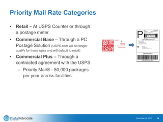 Priority Mail Rate Categories
• Retail – At USPS Counter or through
a postage meter.
• Commercial Base – Through a PC
Postage Solution (USPS.com will no longer
qualify for these rates and will default to retail)
• Commercial Plus – Through a
contracted agreement with the USPS.
– Priority Mail® - 50,000 packages
per year across facilities
December 12, 2017 16
 