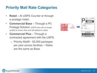 Priority Mail Rate Categories
• Retail – At USPS Counter or through
a postage meter.
• Commercial Base – Through a PC
Postage Solution (USPS.com will no longer
qualify for these rates and will default to retail)
• Commercial Plus – Through a
contracted agreement with the USPS.
– Priority Mail® - 50,000 packages
per year across facilities – Rates
are the same as Base
December 18, 2019 10
 