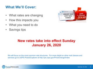 What We’ll Cover:
• What rates are changing
• How this impacts you
• What you need to do
• Savings tips
December 18, 2019 3
New rates take into effect Sunday
January 26, 2020
We will focus on the most common rate structures. For more detail on other mail classes and
services go to USPS Postal Explorer at http://pe.usps.gov/PriceChange/Index
 