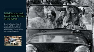 24
MOKE is a storied
brand made famous
in the 1960’s
Brigitte Bardot (right)
made MOKE an icon of
1960’s French Riviera,
followed by James Bond
in “Live and Let Die”
STRICTLY PRIVATE AND CONFIDENTIAL
 