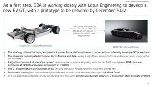 31
STRICTLY PRIVATE AND CONFIDENTIAL
As a first step, DBA is working closely with Lotus Engineering to develop a
new EV GT, with a prototype to be delivered by December 2022
DBA GT EV - Concept image
The chassis will form the
base architecture of the new
DBA EV GT, developed in
conjunction with Lotus
Engineering
The proven Evora platform/chassis
• The strategy utilizes the highly successful & proven Evora platform/chassis, coupled with an internally developed EV powertrain
• The chassis is homologated in Europe, North America and Asia, saving a significant amount of time and resources in bringing the
car to market
• A significant amount of parts ‘carry over’, reducing risk on cost and quality with the tier 1 & 2 supply base; BOM costs are
estimated at <£150K and a sales price point of >£350K
• The GT EV will feature a unique new body; utilising carryover hinges, latches, mounting points etc
• Production tooling [platform/assembly] transferred to and structures manufactured by Fablink Group
• EVT will assemble complete vehicle on a brand-new line; with a prototype due late 2022 and a production start estimate of Q1’24
 