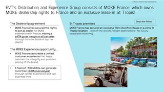 37
EVT’s Distribution and Experience Group consists of MOKE France, which owns
MOKE dealership rights to France and an exclusive lease in St Tropez
STRICTLY PRIVATE AND CONFIDENTIAL
• MOKE France has secured the rights
to act as dealer for MOKE
International in France, making a
±40% gross margin on all car sales
through its order book of top tier
clients
The Dealership agreement St Tropez premises
MOKE France has secured an exclusive 70m storefront lease in a prime St
Tropez location – one of the world’s “dream destinations” for luxury
beachside motoring
• MOKE France can create a unified
customer experience that helps
maintain the integrity and premium
pricing of the brand
• A fleet of ~100 MOKEs can generate
more than ±€3M revenue/year
through rental, experience and taxi
business lines
The MOKE Experience opportunity
Deep-dive follows
 