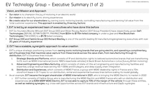 4
STRICTLY PRIVATE AND CONFIDENTIAL
EV Technology Group – Executive Summary (1 of 2)
Vision, and Mission and Approach
• Our vision is to champion the joy of motoring in an electric world
• Our mission is to electrify iconic driving experiences
• We create value for our shareholders by owning iconic motoring brands, controlling manufacturing and deriving full value from the
total customer experience. This approach is enabled by three key factors:
1. EVT is led by an experienced team of executives who have done this before
• EVT Co-founders Wouter Witvoet (EVT Group CEO) and Olivier Roussy Newton (EVT Group President) have respectively grown DeFi
Technologies (DEFI.NE, OCTMKTS:DEFTF, FRA:RMJ) from $20m to $775m listed company in under a year and Hive Blockchain
Technologies (TSX.V:HIVE) to a $1.7B listed company
• EVT Group COO and Fablink Group CEO Richard Westley is one of the world’s leading EV manufacturing/engineering executives with over
20 years of industry experience
2. EVT has a scalable, synergistic approach to value creation
• EVT’s unique strategic positioning comes from owning iconic motoring brands that are going electric, and operating a complimentary
set of business lines that maximize value capture from these brands across the value chain, from manufacturing through to
distribution. EVT’s 3 business lines include:
i. Strategic Brands and Platforms, which consists of IP and distribution rights to beloved automotive brands that are transitioning
to EV, such as MOKE International (iconic 1960’s beachside vehicles) & David Brown Automotive x Lotus (luxury British motoring)
ii. Advanced Engineering and Manufacturing, which consists of state-of-the-art engineering and manufacturing facilities and
expertise, a large revenue base serving tier 1 OEMs and EV players, and deep supply chain integration
iii. Distribution and Experiences, which consists of MOKE France, a group with MOKE dealership rights in France and a 70m
storefront lease in St Tropez to run distribution, rental and experiential business lines before scaling its model globally
• As an example, EVT became the largest shareholder of MOKE International in 2021, who is bringing the MOKE Electric to market in 2022
o EVT further consists of Fablink Group who is manufacturing the MOKE Electric and MOKE France who will run distribution and
experiences; on a €35K MSRP MOKE Electric, EVT is now able to capture 70% of the margin of the vehicle through these entities,
as well as realising synergies, e.g. cross-sell opportunities across EVT brands and infrastructure and CapEx synergies
 
