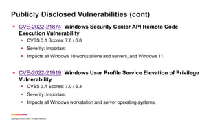 Copyright © 2022 Ivanti. All rights reserved.
Publicly Disclosed Vulnerabilities (cont)
 CVE-2022-21874 Windows Security ...