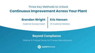 Beyond Compliance
Webinar & Podcast Series for Process Manufacturers
Three Key Methods to Unlock
Continuous Improvement Across Your Plant
Brandon Wright
Customer Success Coach
Eric Hansen
VP, Customer Solutions
 