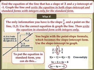 Find the equation of the line that has a slope of 𝟑 and a y-intercept of
-1. Graph the line and write the equation in both slope-intercept and
standard forms with integers only for the standard form.
The only information you have is the slope
𝟑
𝟒
, and a point on the
line, (1,2). Use the correct equation & graph the line. Then write
the equation in standard form with integers only.
You begin with the point-slope formula,
which becomes the slope-intercept form.
Use the slope-intercept to graph.
To put the equation in
standard form, you
can do this...
What if:
 