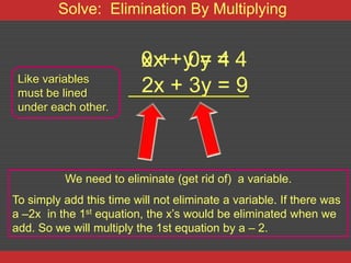 Solve: Elimination By Multiplying


                          0x + y = = 4
                          x + 0y 4
 Like variables
 must be lined            2x + 3y = 9
 under each other.




          We need to eliminate (get rid of) a variable.
To simply add this time will not eliminate a variable. If there was
a –2x in the 1st equation, the x’s would be eliminated when we
add. So we will multiply the 1st equation by a – 2.
 