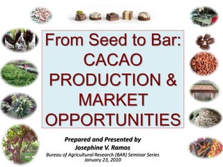 From Seed to Bar:
CACAO
PRODUCTION &
MARKET
OPPORTUNITIES
Prepared and Presented by
Josephine V. Ramos
Bureau of Agricultural Research (BAR) Seminar Series
January 23, 2010
 