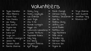 Volunteers
➢ Dylan Hamilton
➢ Thea Alfarero
➢ Kristin Asa
➢ Paul Charles
➢ Gio Dulay
➢ Riza Guerro
➢ Angela Kao
➢ Alan Leong
➢ Kiana Lim
➢ Youjin Lim
➢ Jennifer Lusuegro
➢ Janice Ma
➢ Danakin Seah
➢ Mamta Sharma
➢ Farah Charagh
➢ Clarissa Chiang
➢ Matthew DeGuzman
➢ Sae Ito
➢ Andrew Jeong
➢ Jeffrey Lam
➢ Werd Khader
➢ MattheW Luu
➢ Yugo Mochihara
➢ Aisle Neral
➢ Brandon Ng
➢ Harrison Park
➢ Stevens Qiu
➢ Angela Qi
➢ Priya Sharma
➢ Dani Swannie
➢ Jonathan Tang
➢ Rebecca Yet
➢ Ashley Yong
➢ Ashley Cayabyab
➢ Ivan Endrinal
➢ Oliver Fujiki
➢ Chiu Yi Ho
➢ Michelle Kurtagich
➢ Maggie Lee
➢ Nobumoto Nakashima
➢ Twinkle Perfecto
➢ Raphaella Robles
➢ Molly Yang
➢ Eric Zheng
➢ Margaret Anteros
➢ Ikjot Bhogal
➢
 