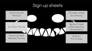 Sign up sheets
Multicultural
Potluck
Sun Run Forms
Chinese Waist
Drumming
Byrne Creek
International
Orientation
Manning Park
Retreat Forms
District
Pro-D Day
 