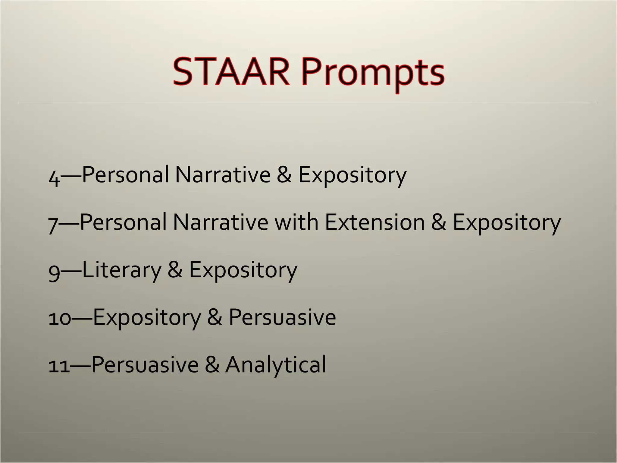 4—Personal Narrative & Expository 7—Personal Narrative with Extension & Expository 9—Literary & Expository 10—Expository & Persuasive 11—Persuasive & Analytical 