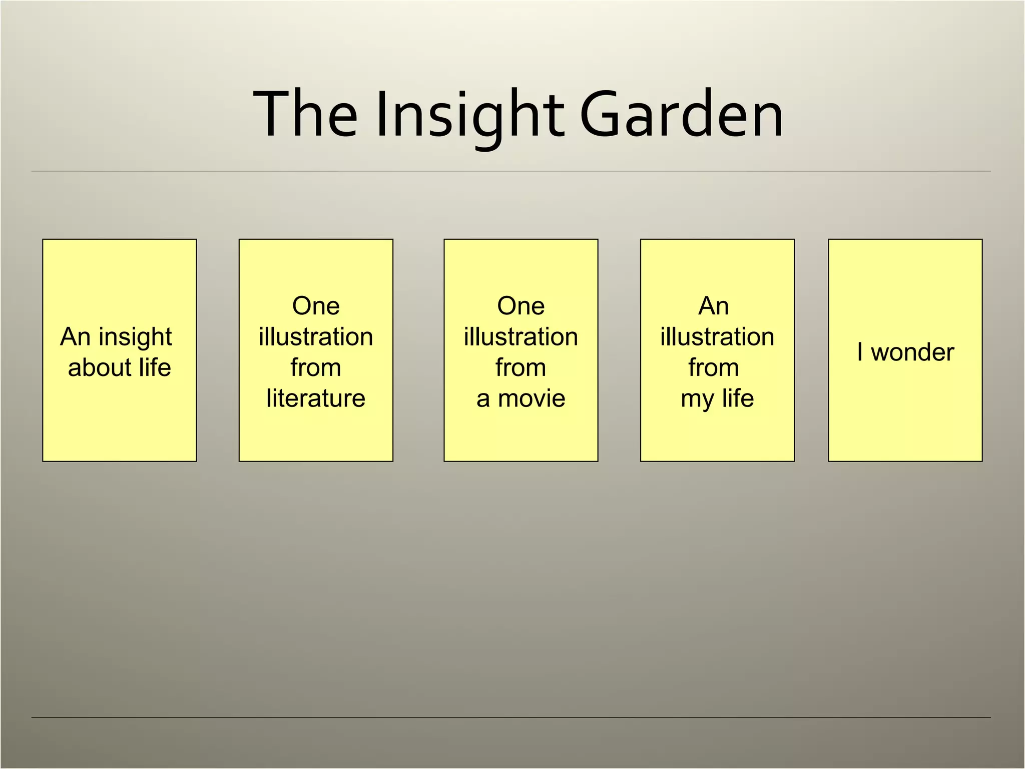 The Insight Garden An insight  about life One illustration from literature One illustration from a movie An  illustration from  my life I wonder 