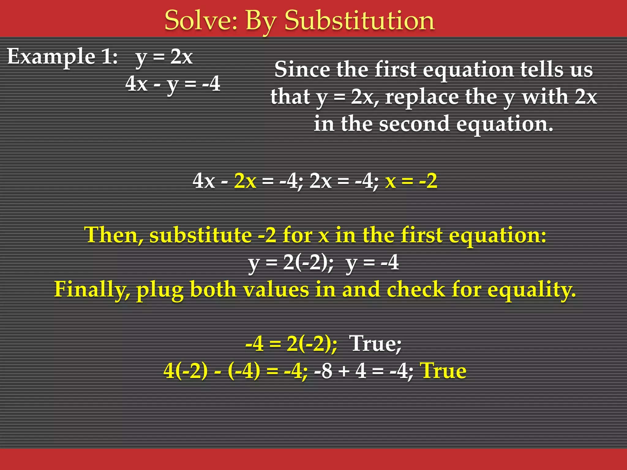 Solve: By Substitution
Example 1: y = 2x
4x - y = -4

Since the first equation tells us
that y = 2x, replace the y with 2x
in the second equation.

4x - 2x = -4; 2x = -4; x = -2

Then, substitute -2 for x in the first equation:
y = 2(-2); y = -4
Finally, plug both values in and check for equality.
-4 = 2(-2); True;
4(-2) - (-4) = -4; -8 + 4 = -4; True

 