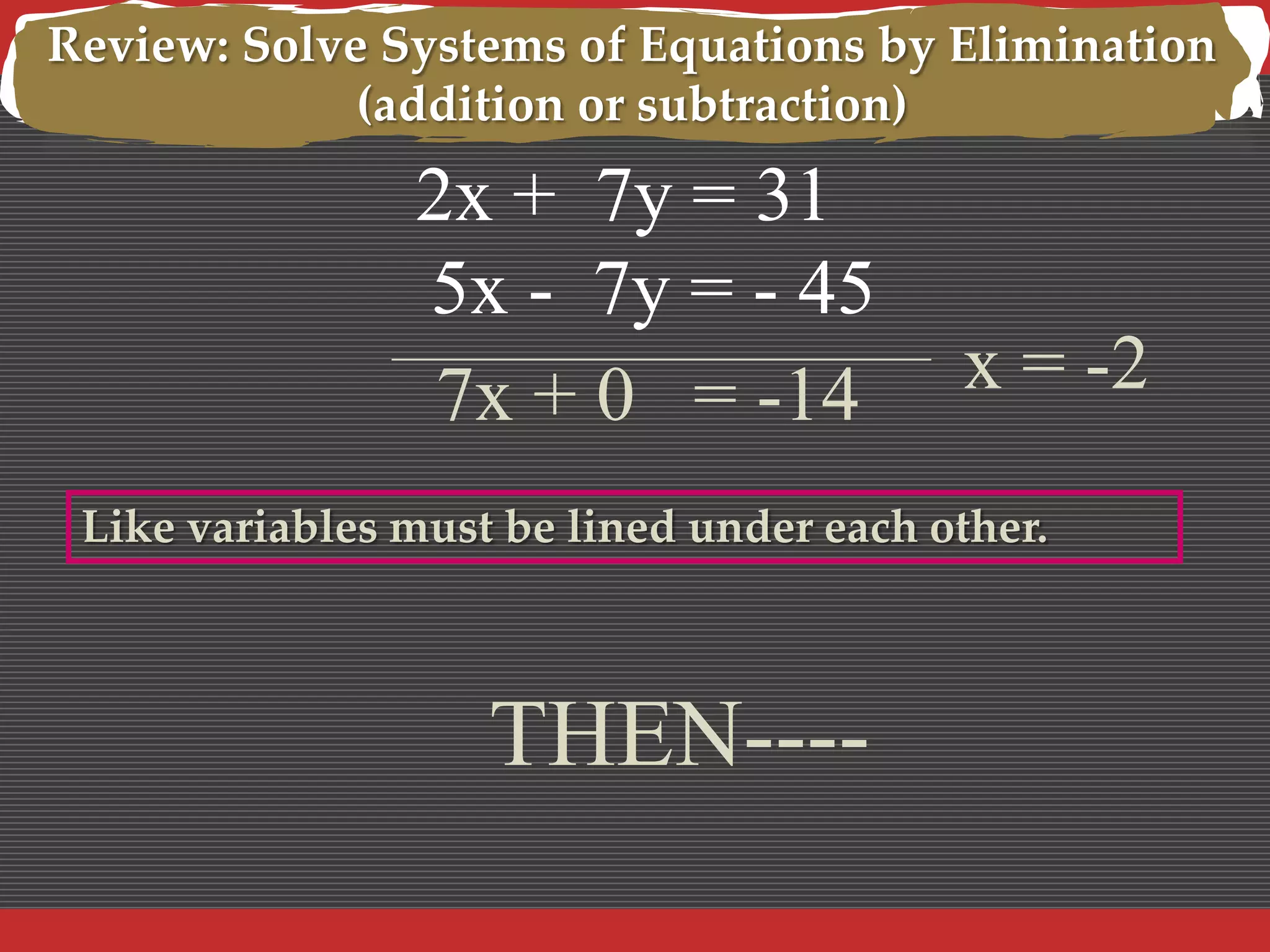 Review: Solve Systems of Equations by Elimination
(addition or subtraction)

2x + 7y = 31
5x - 7y = - 45
7x + 0 = -14

x = -2

Like variables must be lined under each other.

THEN----

 