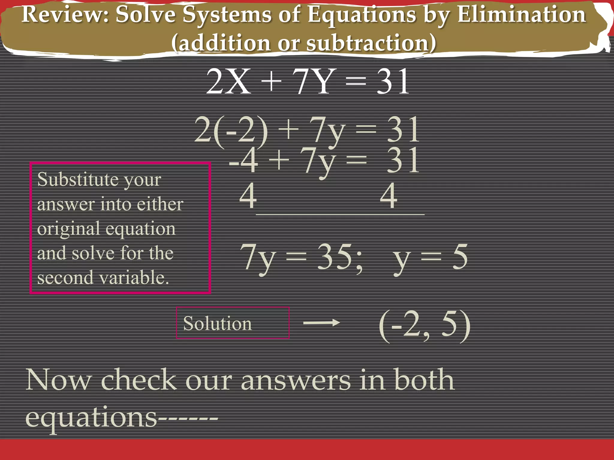 Review: Solve Systems of Equations by Elimination
(addition or subtraction)

2X + 7Y = 31
2(-2) + 7y = 31
-4 + 7y = 31
Substitute your
4
4
answer into either
original equation
and solve for the
second variable.

7y = 35; y = 5
Solution

(-2, 5)

Now check our answers in both
equations------

 