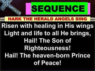 SEQUENCE
HARK THE HERALD ANGELS SING
Risen with healing in His wings
Light and life to all He brings,
Hail! The Son of
Righteousness!
Hail! The heaven-born Prince
of Peace!
 