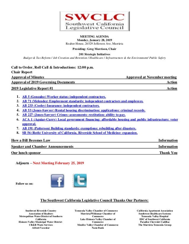 January Southwest California Legislative Council Agenda