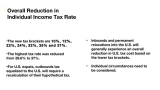 •The new tax brackets are 10%, 12%,
22%, 24%, 32%, 35% and 37%.
•The highest tax rate was reduced
from 39.6% to 37%.
•For ...