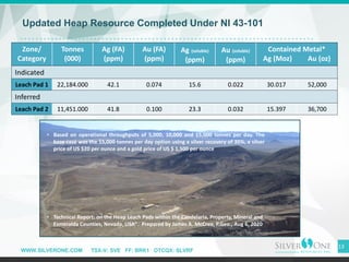 WWW.SILVERONE.COM TSX-V: SVE FF: BRK1 OTCQX: SLVRF
Updated Heap Resource Completed Under NI 43-101
13
• Technical Report: ...