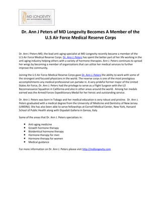 Dr. Ann J Peters of MD Longevity Becomes A Member of the U.S Air Force Medical Reserve Corps