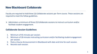 New Blackboard Collaborate
Faculty are required to hold three (3) Collaborate sessions per Term course. These sessions are
required to meet the follow guidelines.
 Administers a minimum of three (3) Collaborate sessions to instruct curriculum and/or
facilitate student engagement.
Collaborate Session Guidelines
1
1. Minimum of 45 minutes per session.
2. Minimum of 30 minutes instructing curriculum and/or facilitating student engagement
per session.
3. Posts a Course Announcement in Blackboard with date and time for each session.
4. Records each session.
 